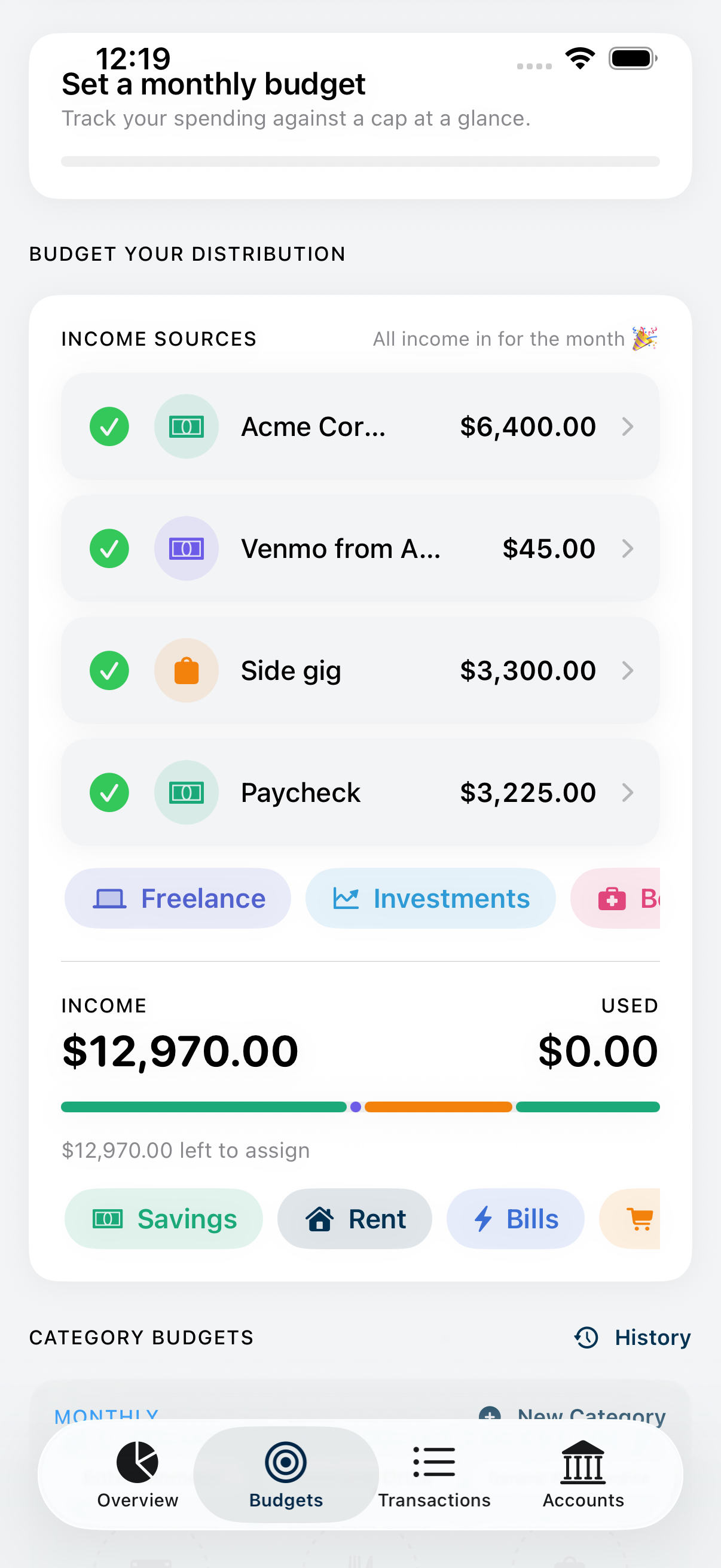 MizuFlow Budget your Distribution screen showing multiple income sources and category budgets